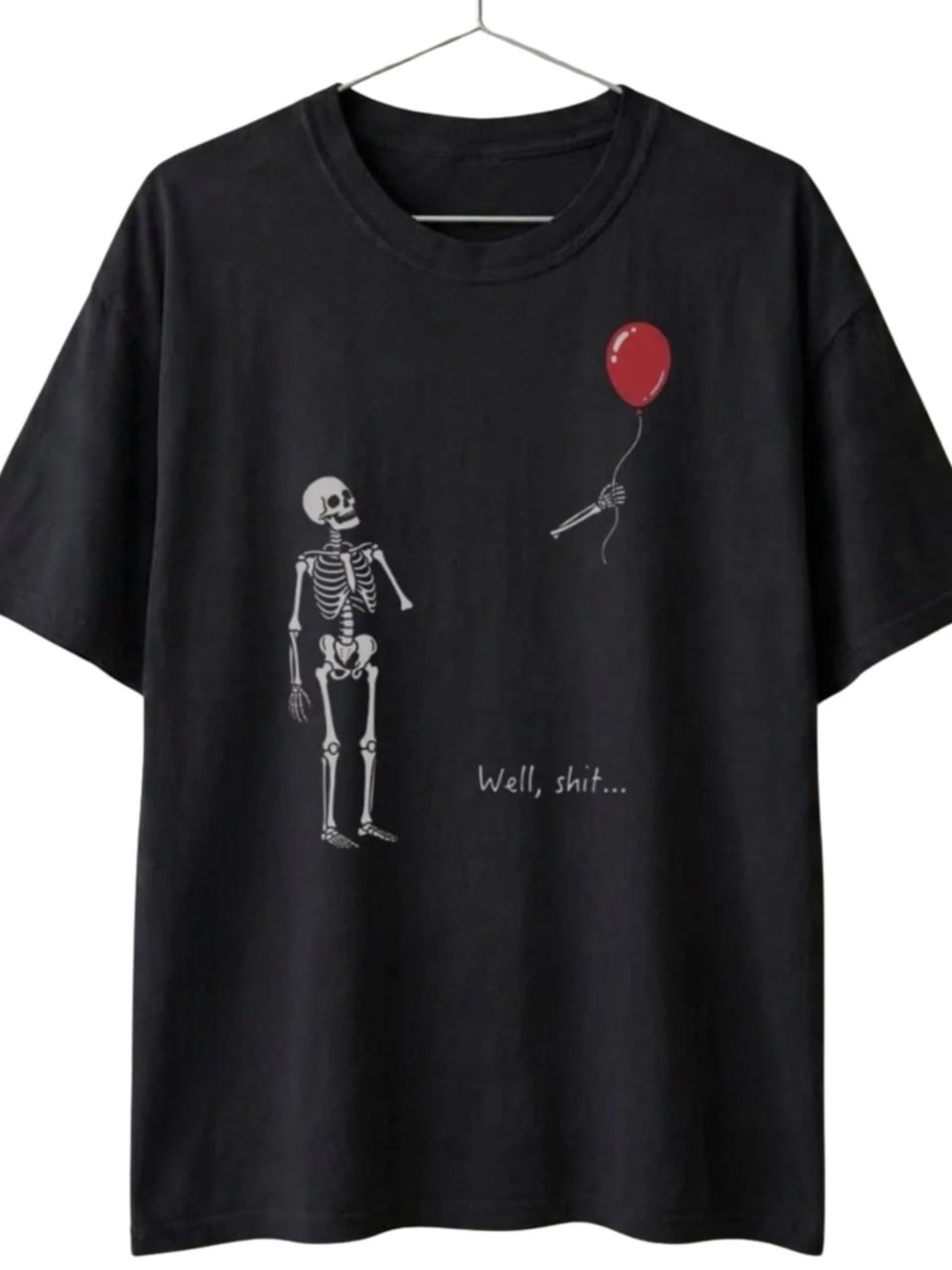 Black Short Sleeve Tee with Red Balloon Skeleton Graphic